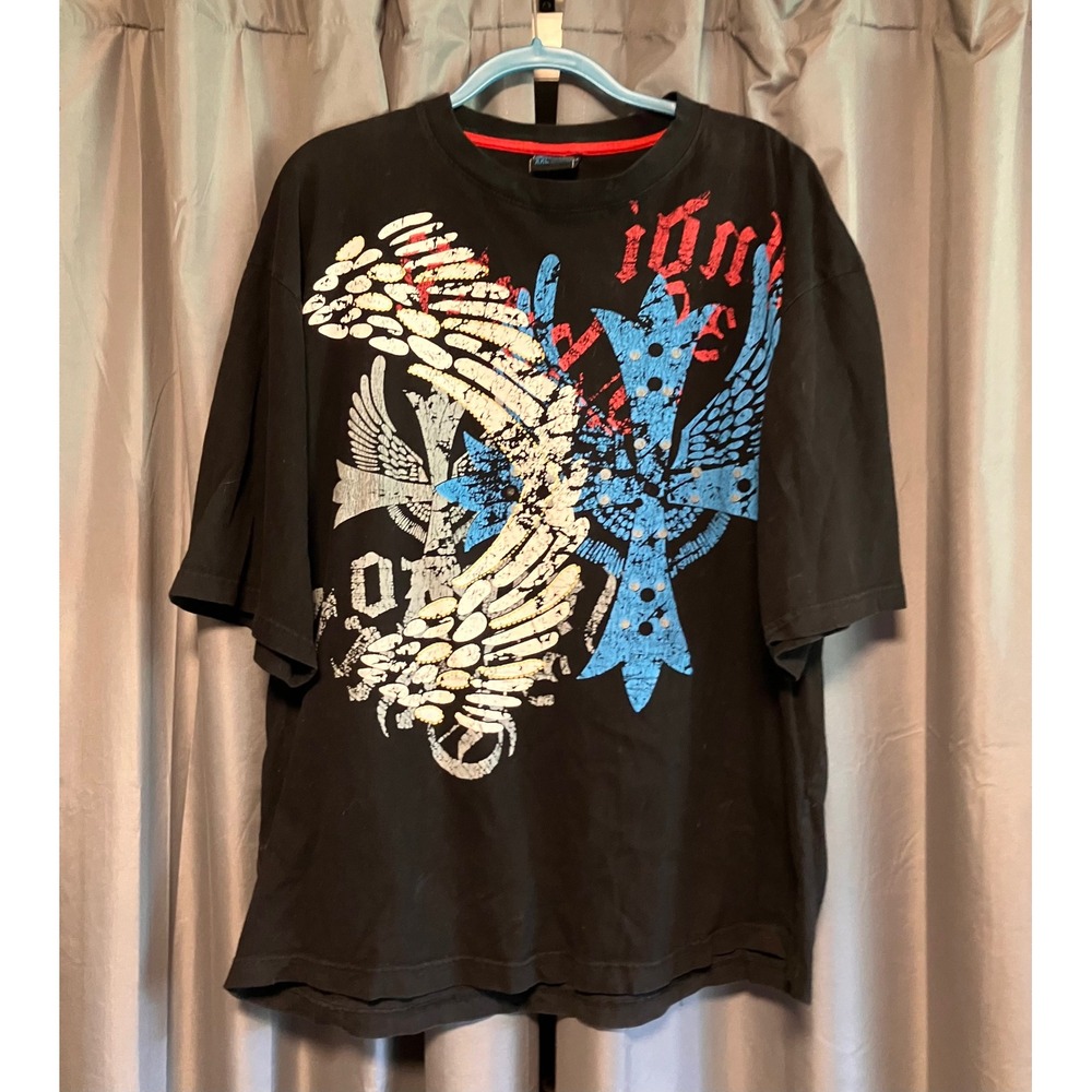 Indigo 30 Graphic T-Shirt Mens XXL Black Y2K Cross Wings Streetwear Tee